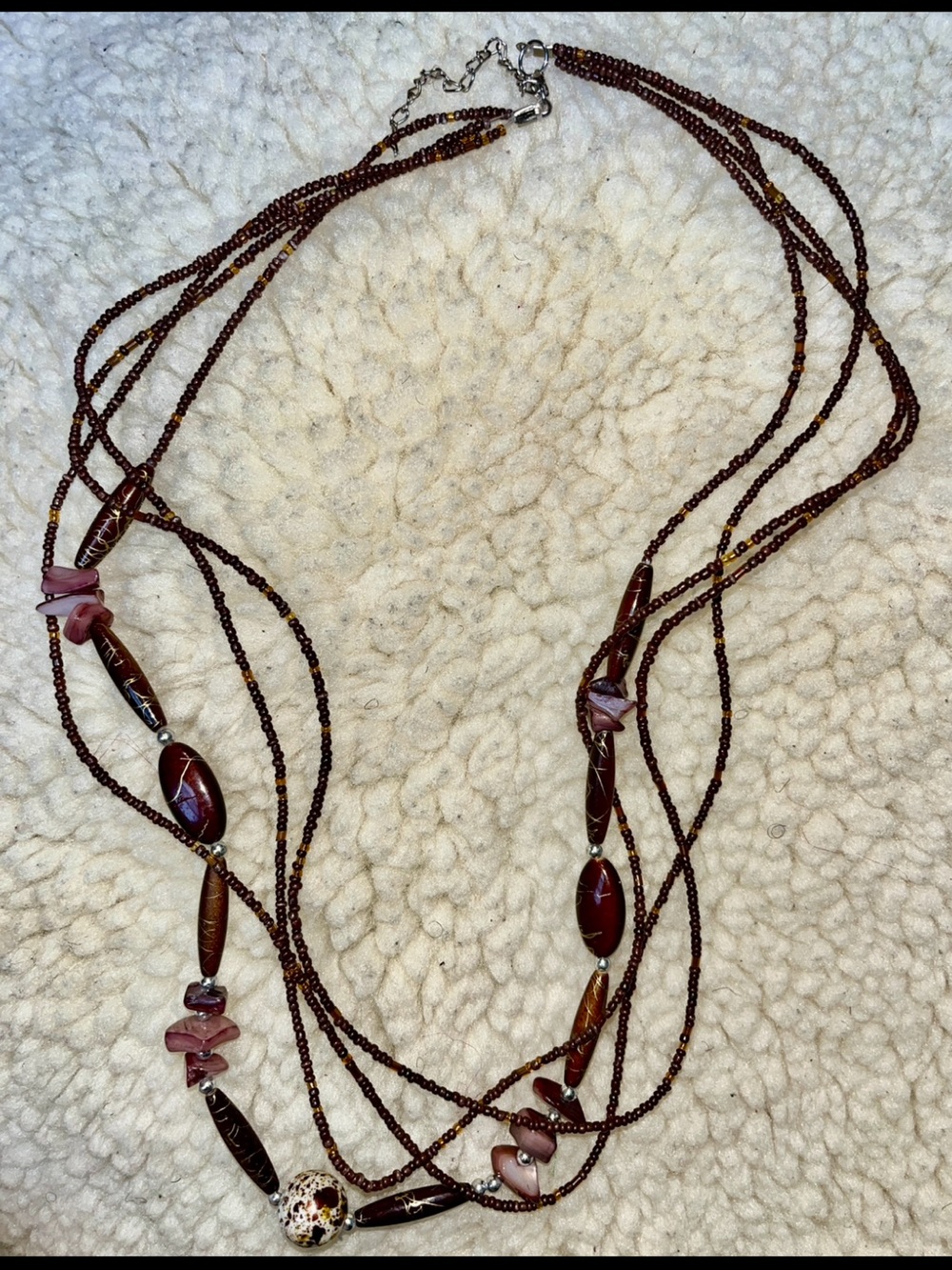 Brown Mauve Multi Strand Seed Bead Long Statement Necklace 30.5” Boho